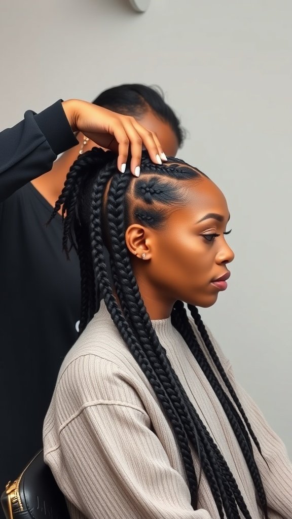 A stylist creating medium knotless box braids on a client, showcasing a stylish and protective hairstyle.