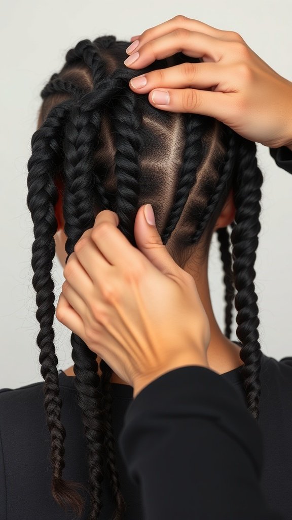 A close-up of hands creating medium knotless braids on a person's hair, showcasing the neat sectioning and braiding technique.