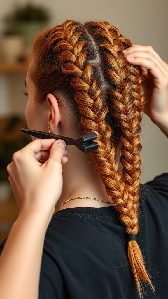 A close-up of a person getting ginger knotless braids styled, showcasing the intricate braiding technique.