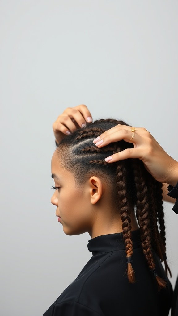 A close-up of a person getting knotless braids, showing the neat and sleek braiding technique.