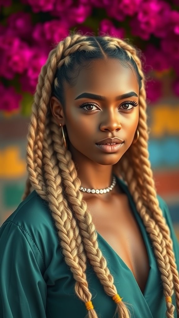 A woman with blonde knotless braids, showcasing a stylish and vibrant hairstyle.