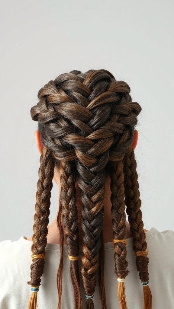 A woman with a stylish arrangement of long knotless braids, showcasing a mix of colors and intricate patterns.