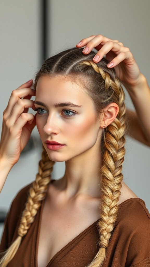 A model with honey blonde knotless braids being styled, showcasing a natural and voluminous look.