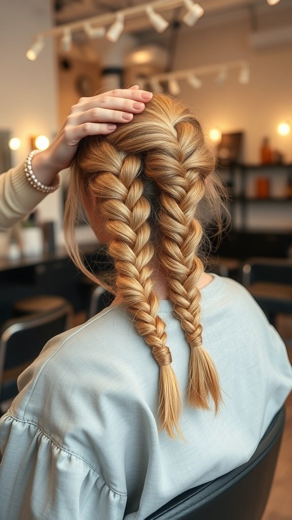 A woman with honey blonde knotless braids styled in a salon setting.