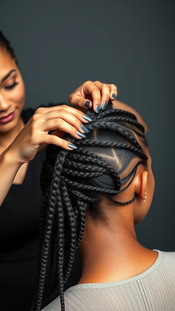 A stylist working on knotless braids, showcasing the technique and volume.