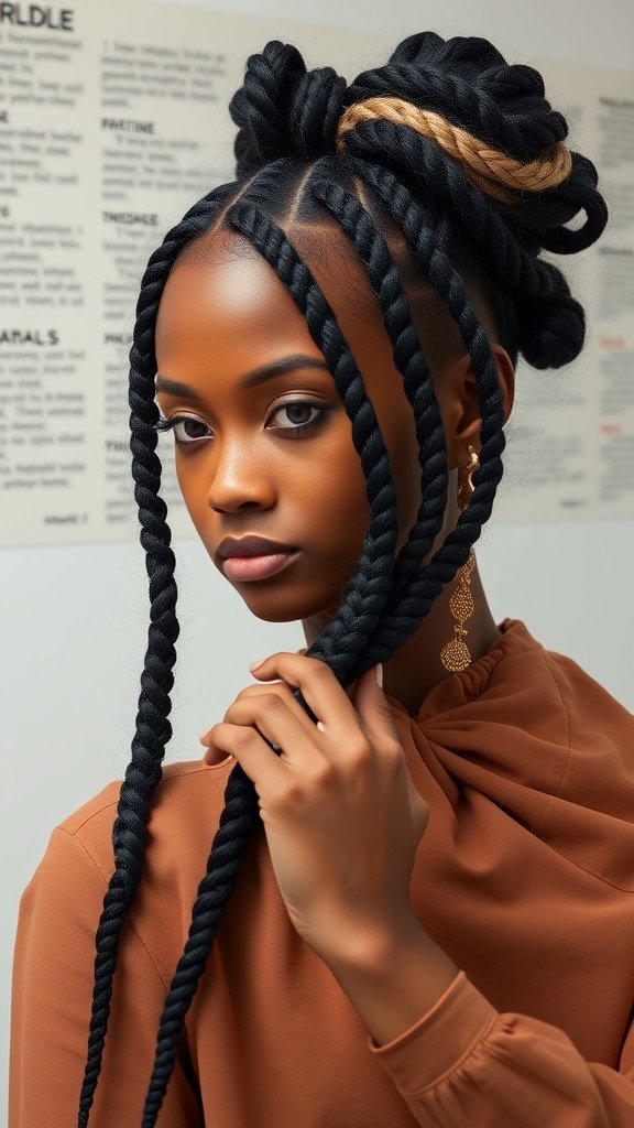 A woman with knotless braids styled with curly ends, showcasing a trendy and voluminous look.