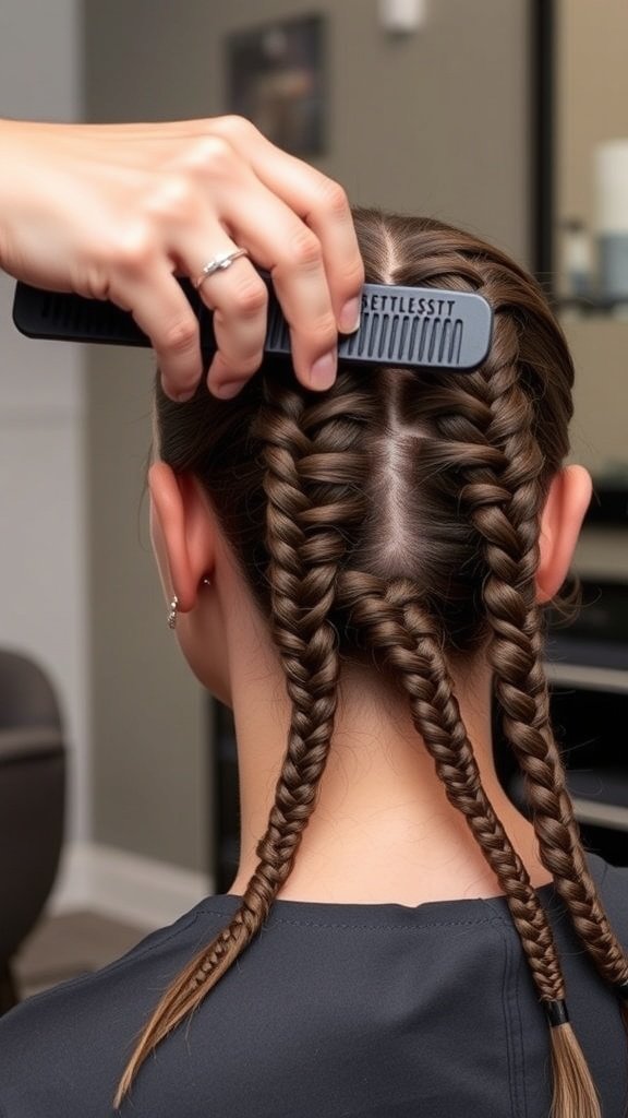 A close-up of a person's hair being styled into knotless braids with a comb.