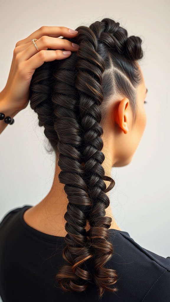 A close-up view of a woman with short knotless braids styled with curly ends, showcasing a trendy and voluminous hairstyle.