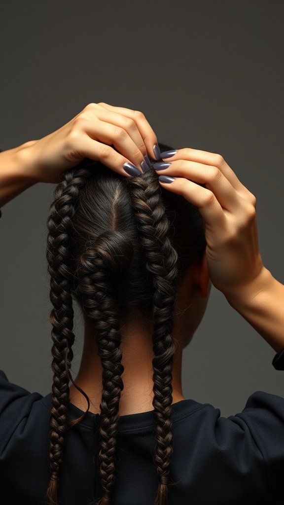 A close-up of a person creating knotless braids, showcasing the technique and volume.