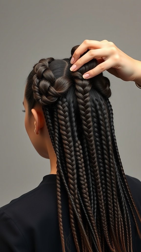 A woman showcasing knotless braids styled in an elegant way, with intricate patterns and volume.