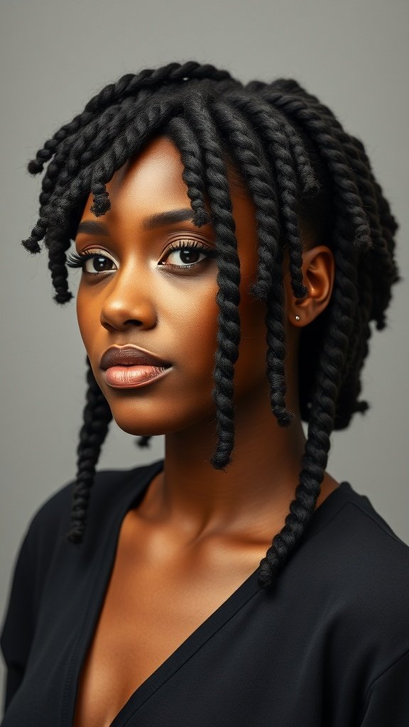 A close-up of a model with short knotless box braids styled with curls, showcasing a modern and chic look.