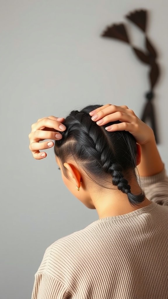A woman with short knotless braids, showcasing a stylish hairdo with curly ends.