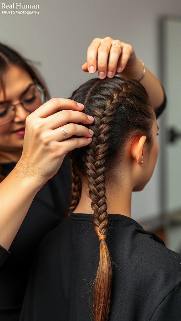 A stylist creating small knotless braids on a client's hair.
