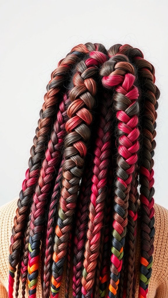 A close-up view of colorful boho knotless braids featuring a mix of brown and vibrant colors.