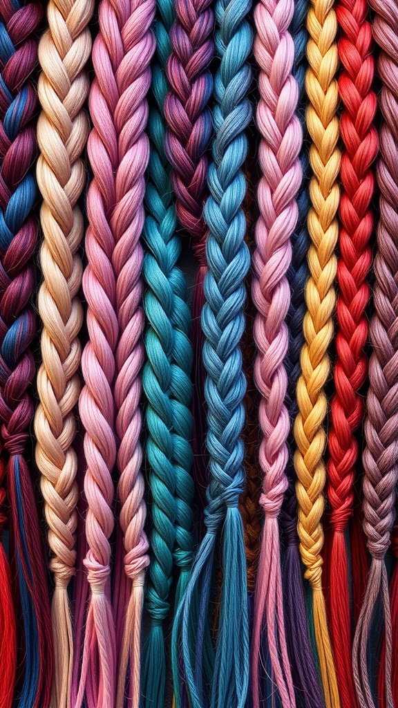 An array of colorful braids showcasing various shades and styles.