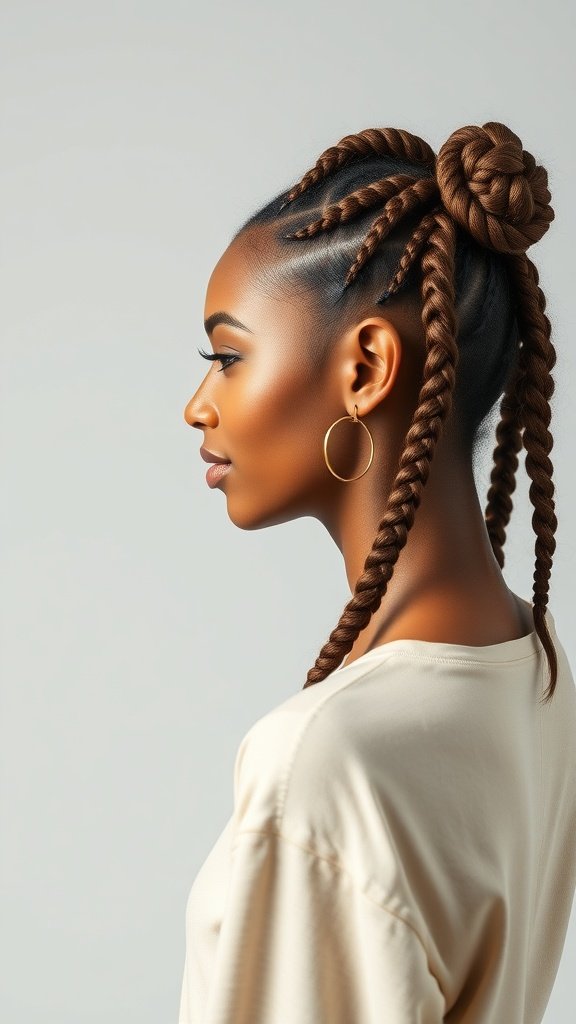 A woman showcasing a stylish hairstyle with brown knotless braids, featuring a bun and cascading braids.