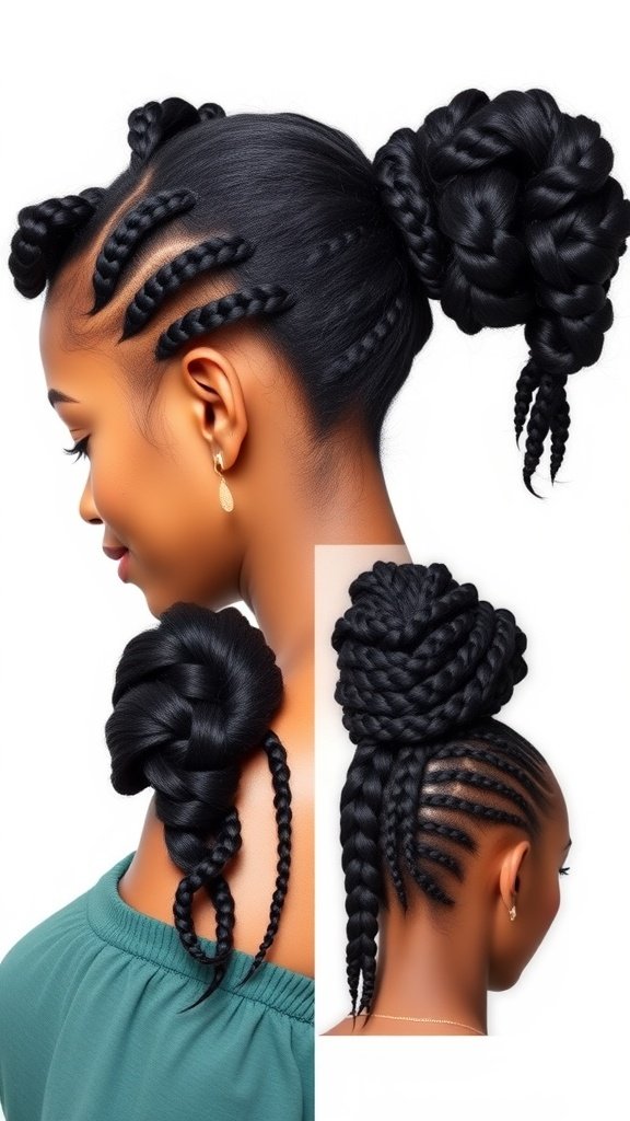 A stylish woman with knotless box braids styled in a chic bun, showcasing a mix of braids and curls.