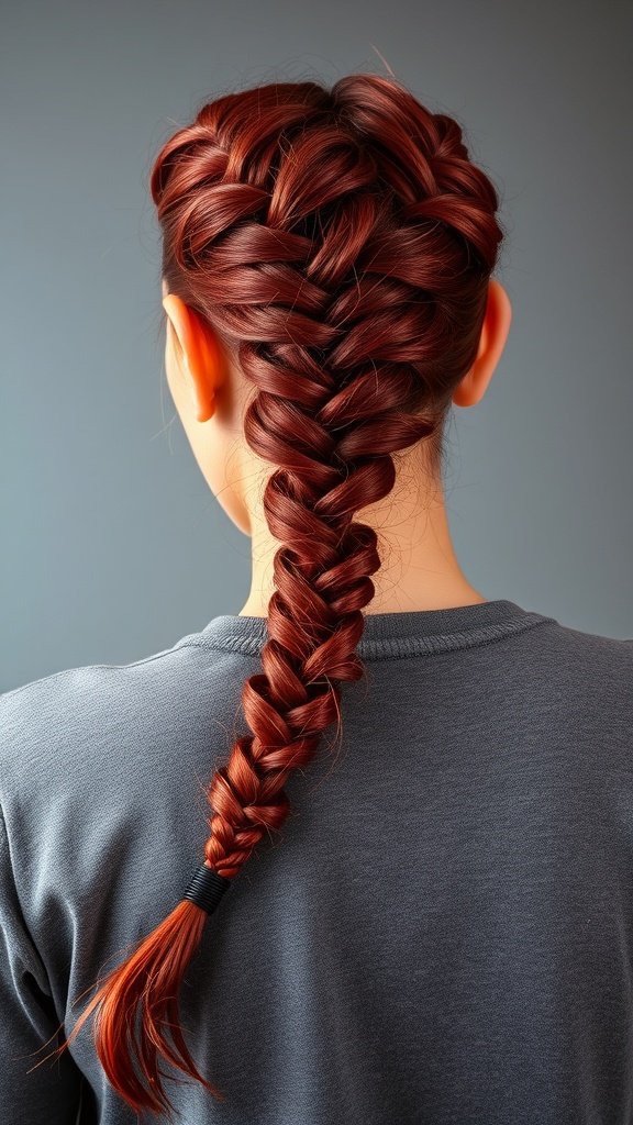 A model showcasing crimson knotless braids with curls, styled elegantly.