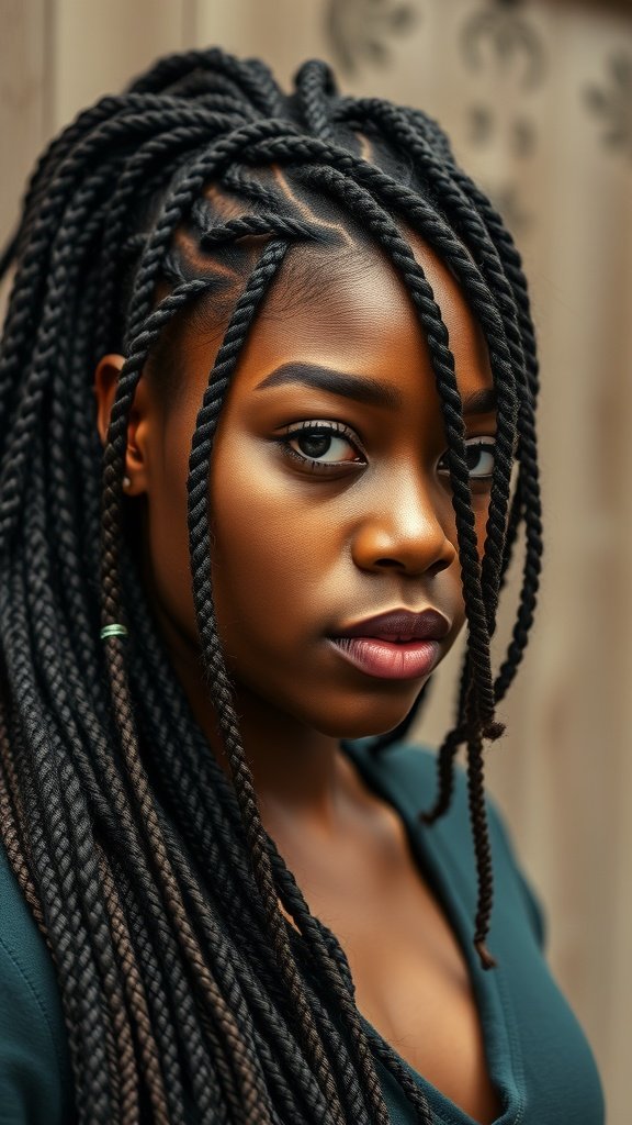A close-up of a person with jumbo knotless box braids, showcasing the intricate style and beauty.