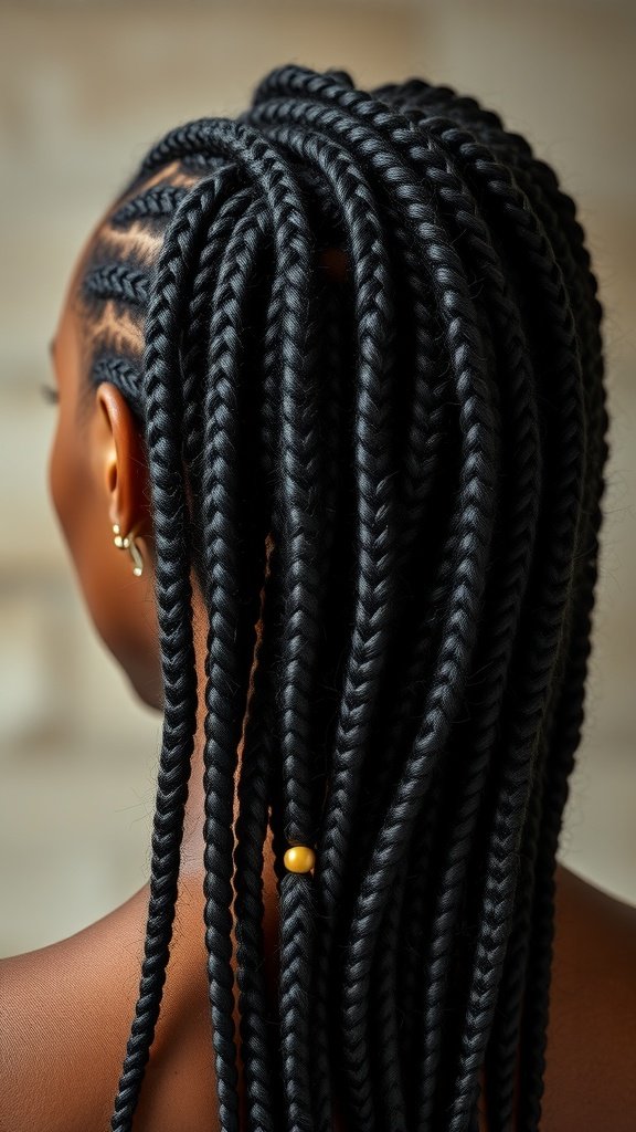 A close-up view of big knotless box braids styled elegantly.