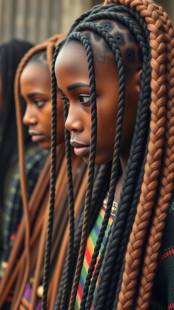 A close-up of two individuals with intricate jumbo boho knotless braids, showcasing the beauty and cultural significance of braiding.