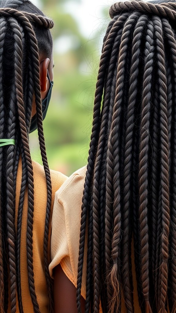 Two individuals with large knotless box braids, showcasing the beauty and cultural significance of this hairstyle.