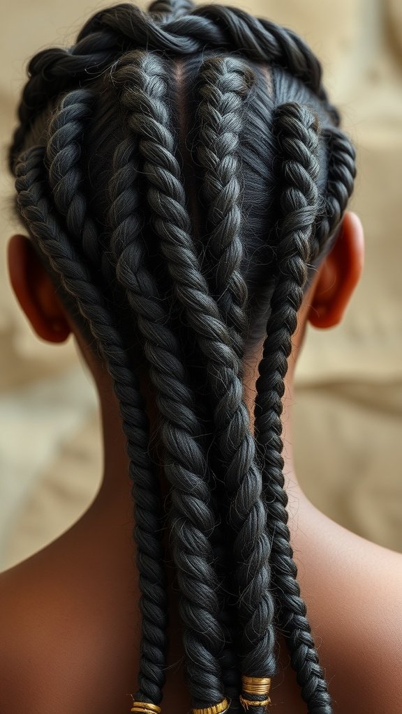 A close-up view of honey brown knotless braids styled elegantly.