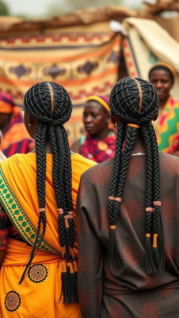 Two women with Fulani braids and gold jewelry, showcasing cultural significance.