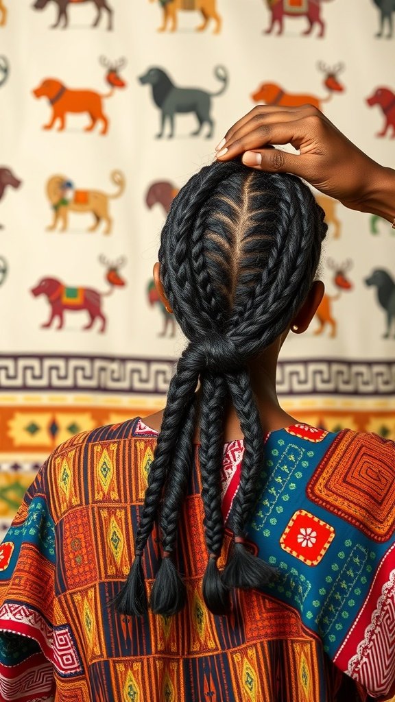 A person showcasing Fulani knotless braids, featuring intricate patterns and a colorful traditional outfit.