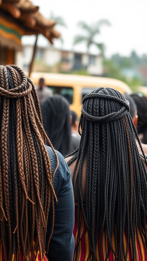 Two individuals with medium knotless braids, showcasing different hair colors and styles.