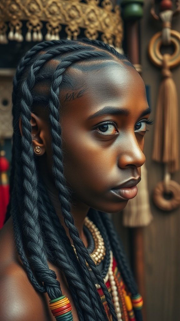 A close-up of a person with knotless braids, showcasing intricate hair design and cultural accessories.