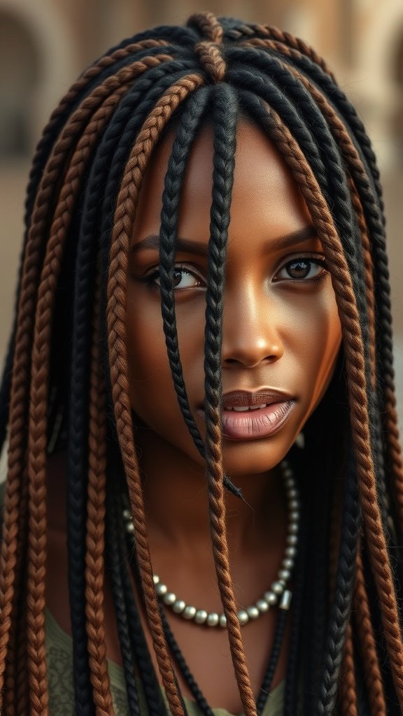 A woman with honey brown knotless braids, showcasing a blend of black and brown colors, highlighting the cultural significance of this hairstyle.