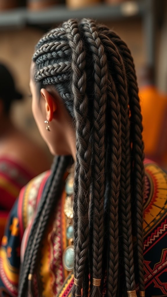 A woman showcasing Fulani knotless braids with intricate patterns and gold jewelry.
