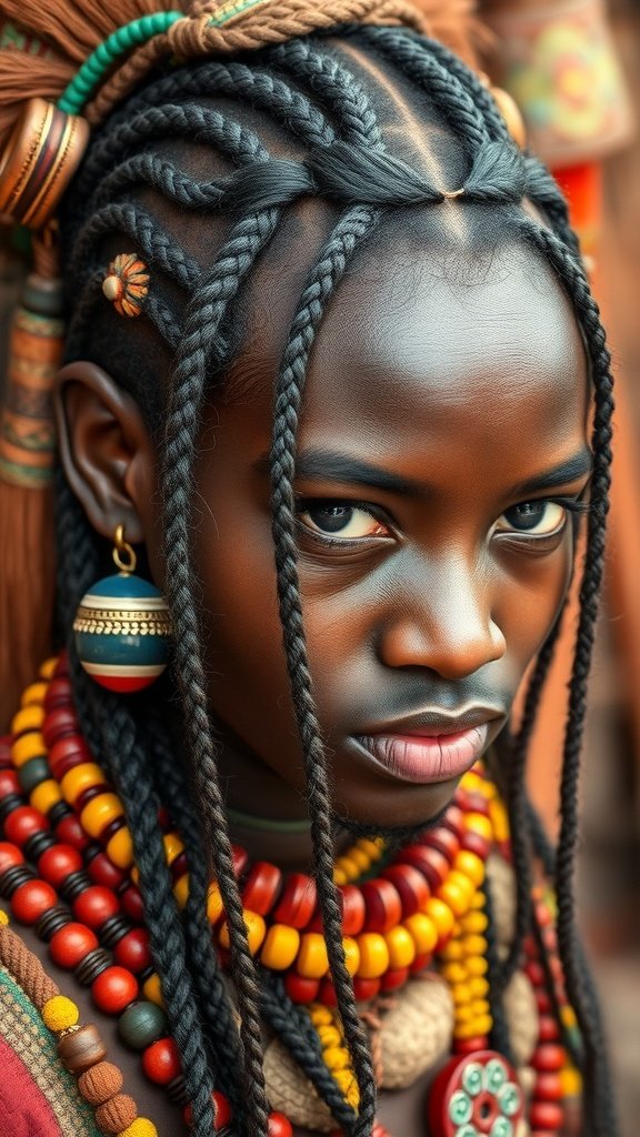 A young individual with intricate knotless braids, adorned with colorful beads and jewelry, showcasing cultural significance.