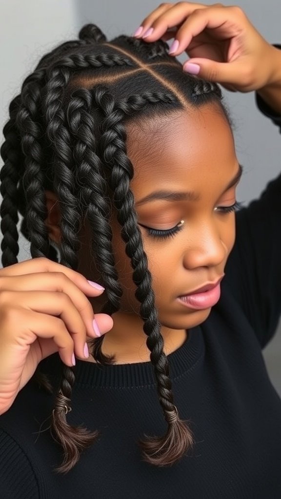 A close-up of a person with short knotless braids featuring curly ends, showcasing the neatness and style of the hairstyle.