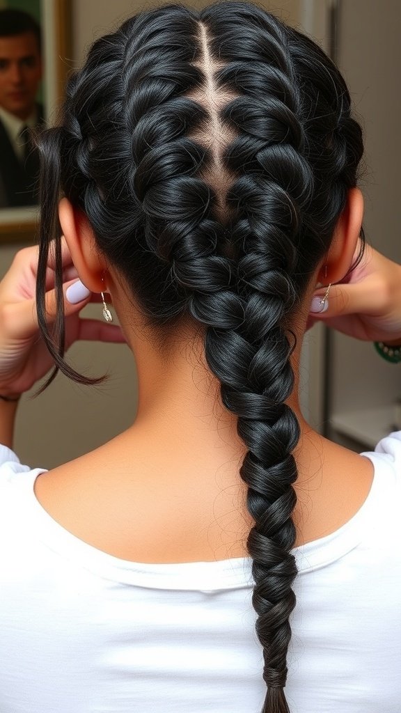 A close-up view of neatly styled knotless braids with curly ends.