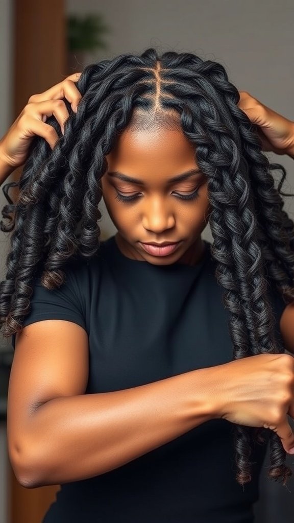 A woman styling her short knotless braids with curly ends.