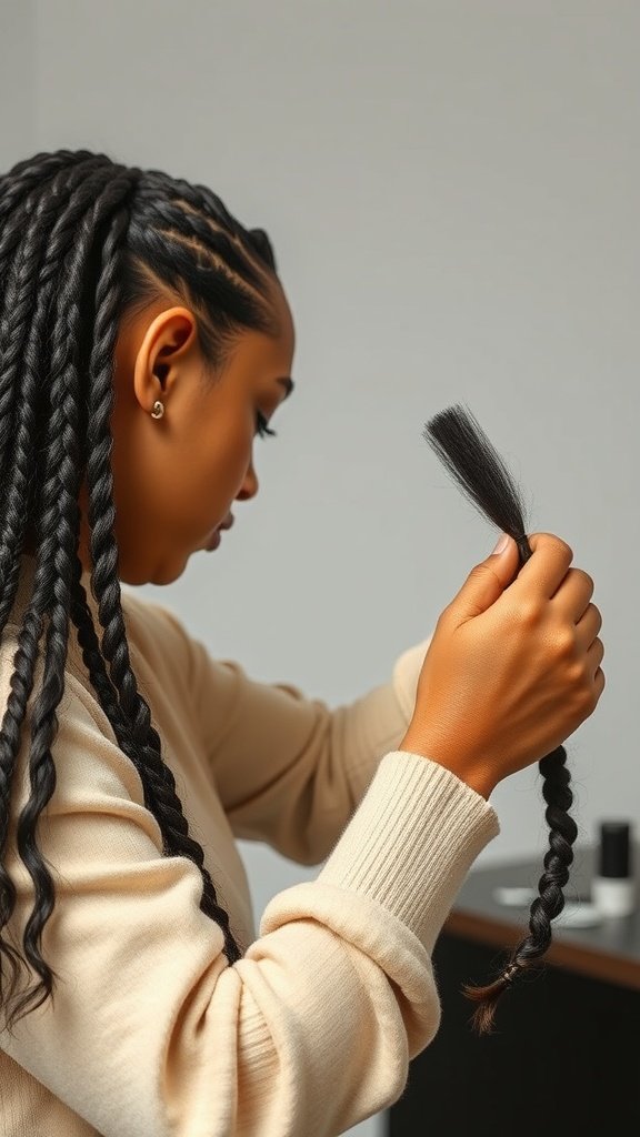 A person styling their short knotless braids with curly ends, showcasing a detailed hair process.