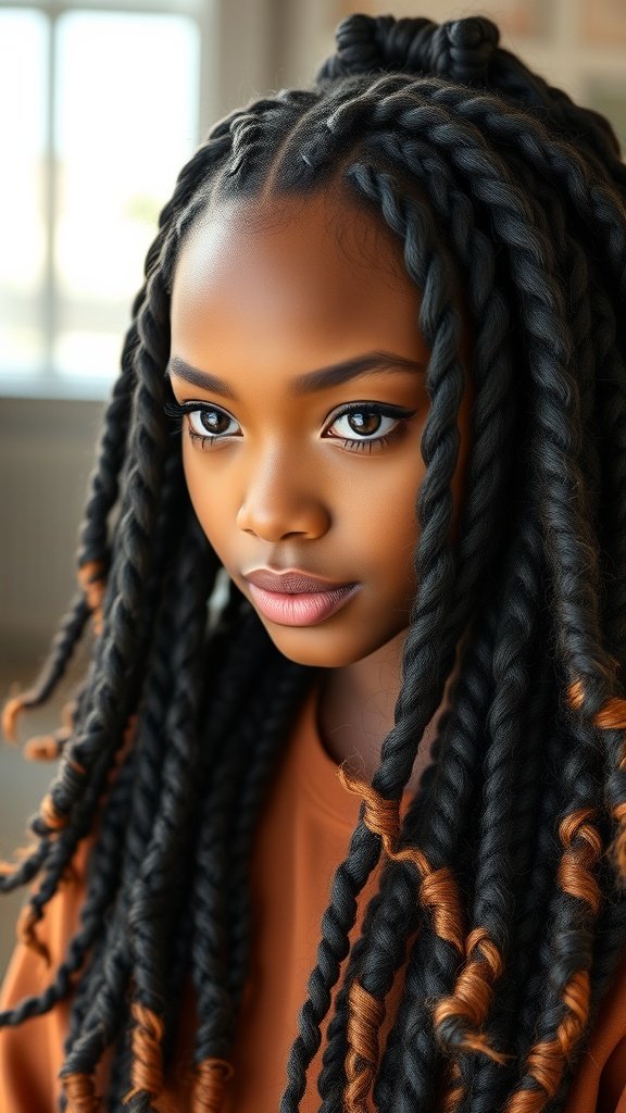 A close-up of a person with curly knotless braids, showcasing the neatness and vibrant curls at the ends.