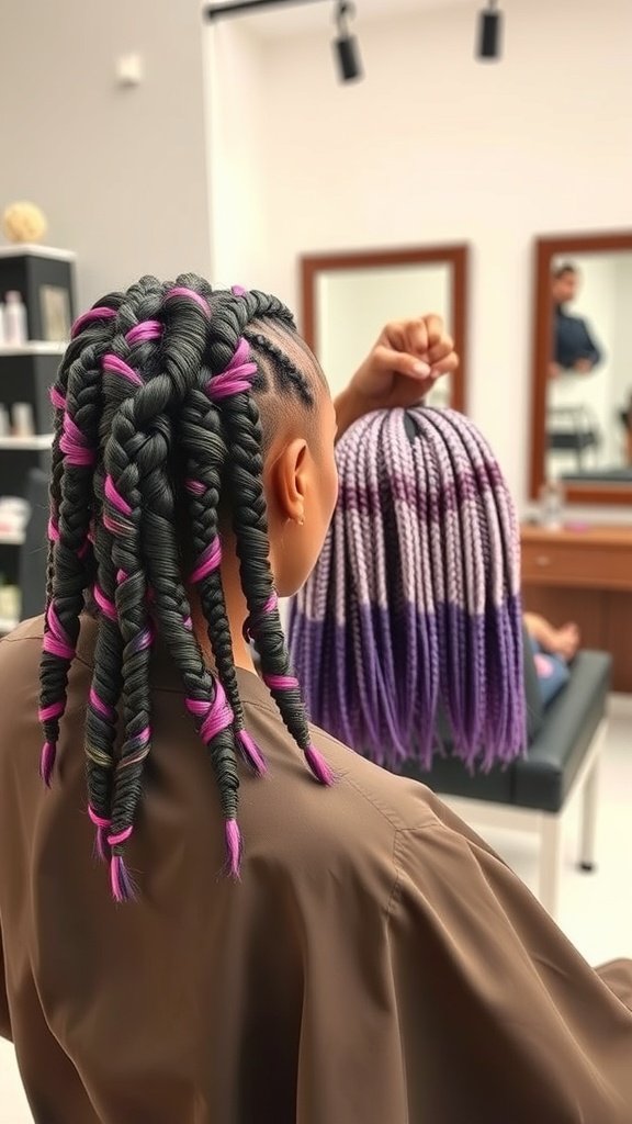 A person showcasing a colorful boho knotless bob hairstyle with intricate braids.