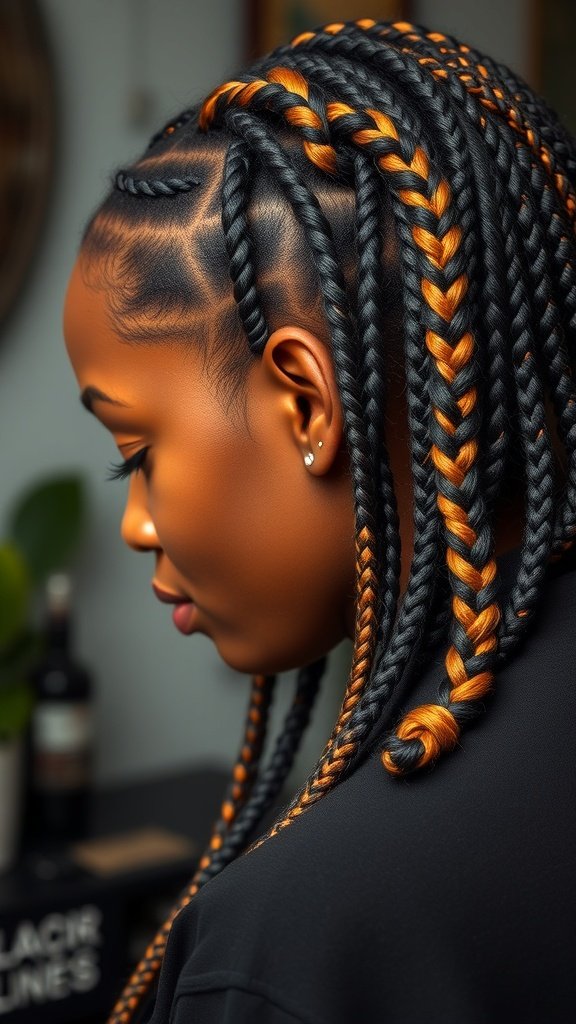 A close-up view of a woman with jumbo knotless box braids in black and orange.