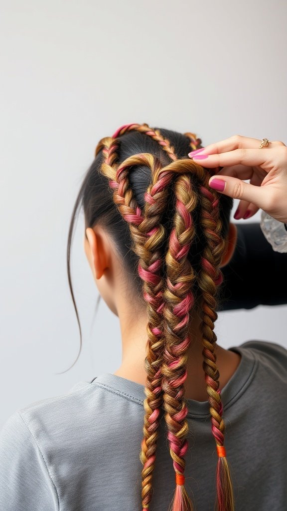 A close-up view of a woman's back showing colorful knotless braids with curly ends.