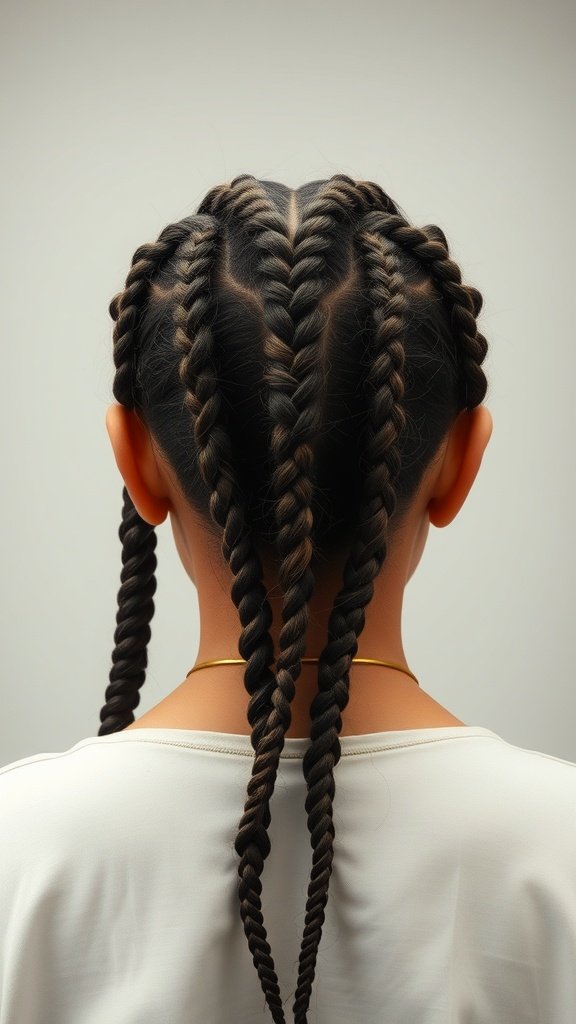 A close-up view of a person's back with stylish knotless braids, showcasing a unique braided pattern.