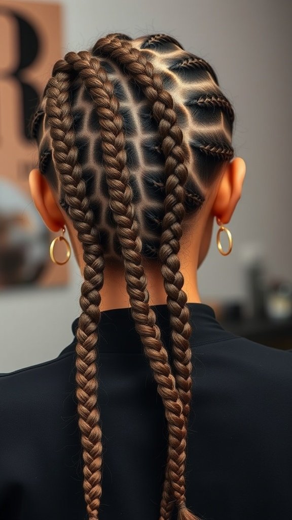 A close-up view of a woman's back showcasing beautifully styled brown knotless braids.
