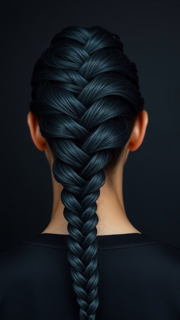 A close-up view of a person with dark teal knotless braids styled in a neat braid.