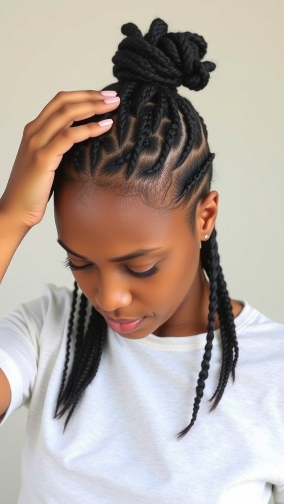A person with medium knotless box braids, gently touching their scalp, showing a common concern of itchiness.