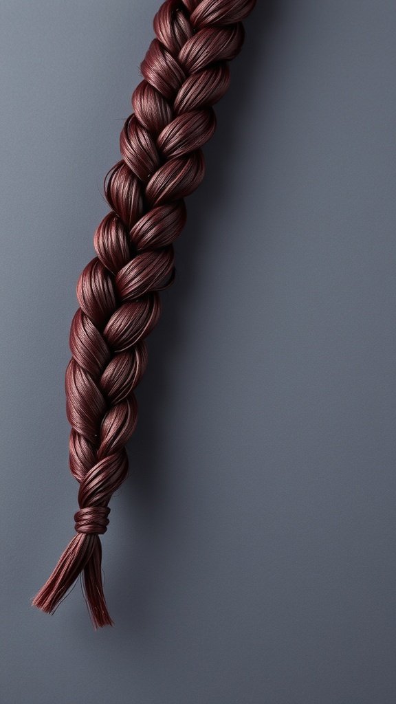 A close-up of a deep burgundy knotless braid against a gray background.