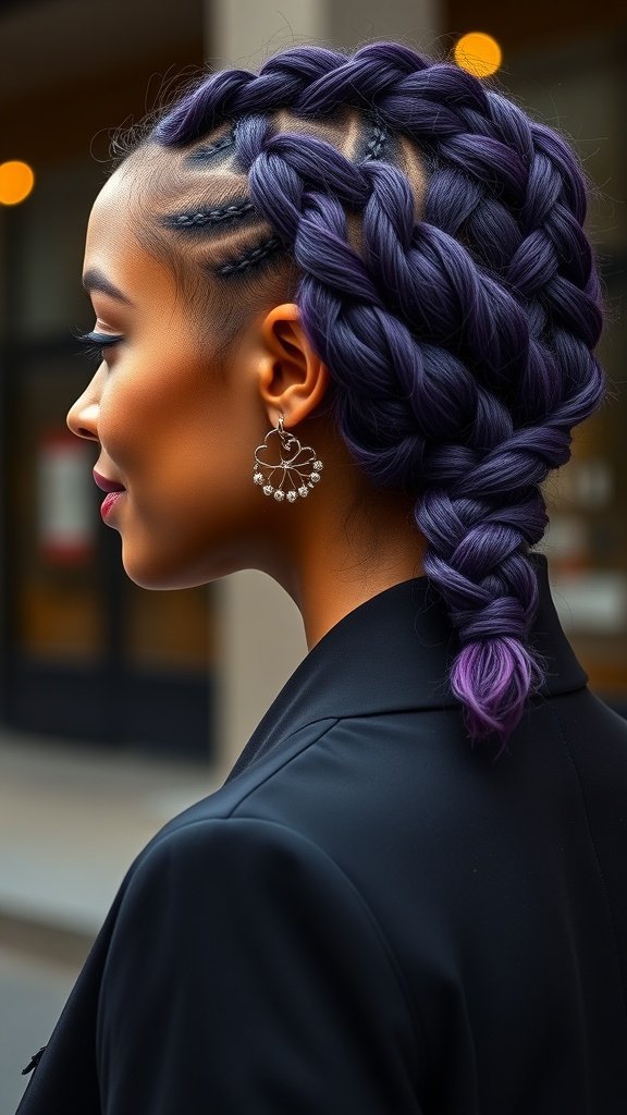A woman with deep purple knotless braids styled elegantly.