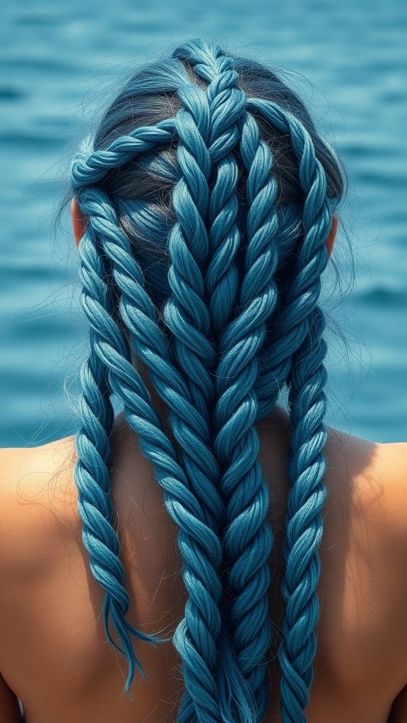 A person with deep sea blue knotless braids, showcasing a vibrant hairstyle against a blue background.