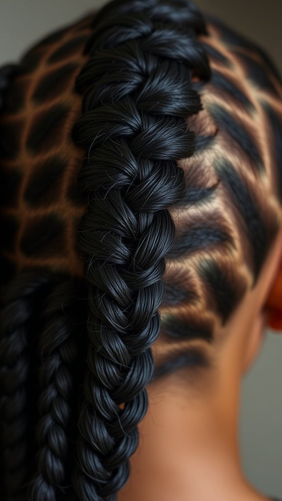Close-up of small knotless box braids with a detailed parting pattern.